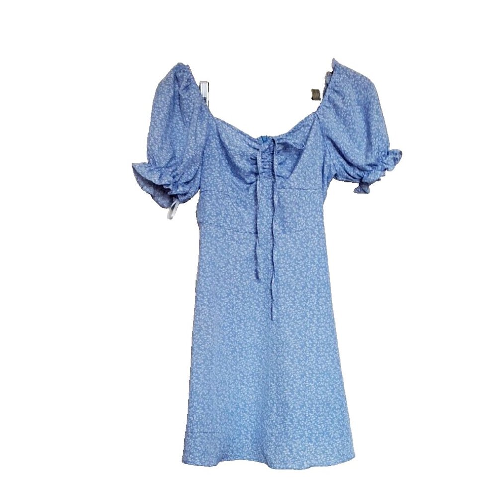 Blue Floral Dress Size S Back Zip Cottage Core Puffed Short Sleeve Off Shoulders - Picture 1 of 16